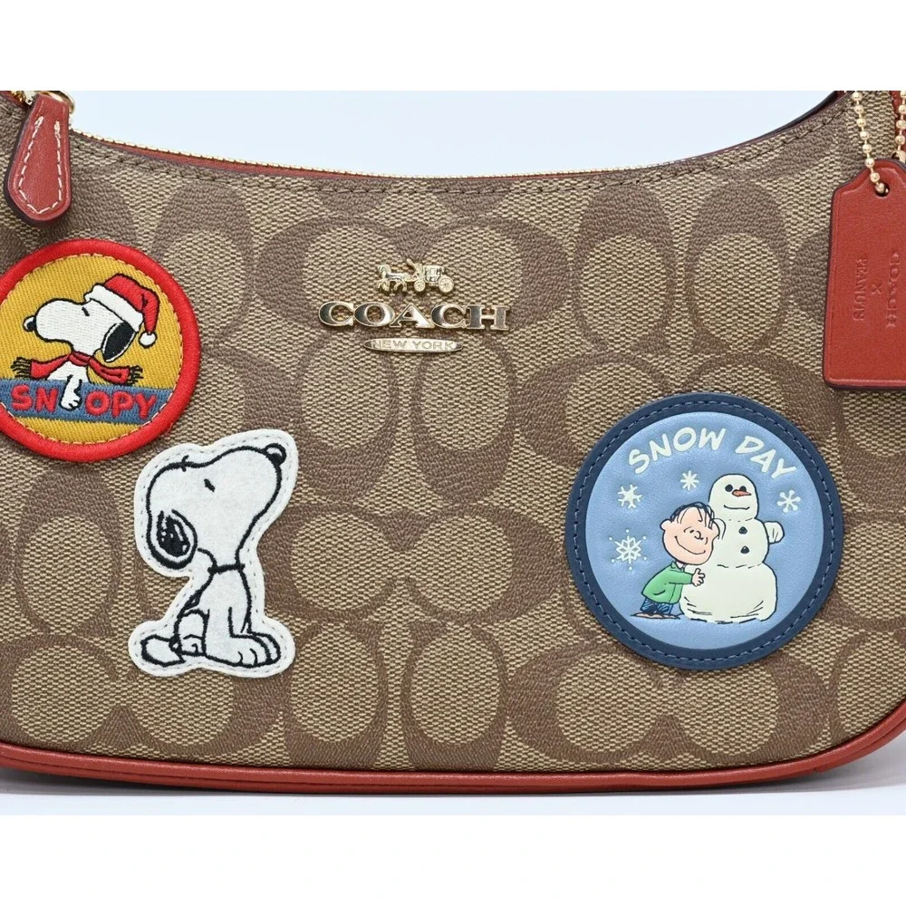 COACH X PEANUTS TERI Shoulder Bag Signature Canvas Snoopy Patches CE848 Org $428_6